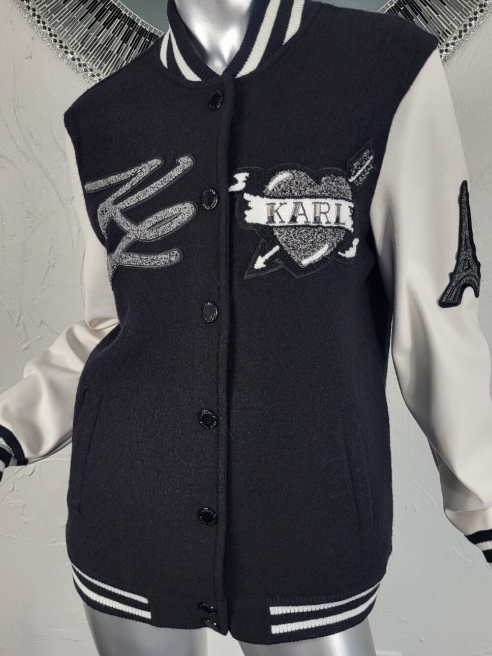$250~KARL LAGERFELD~M~BLACK FAUX LEATHER EMBELLISHED VARSITY BOMBER JACKET COAT